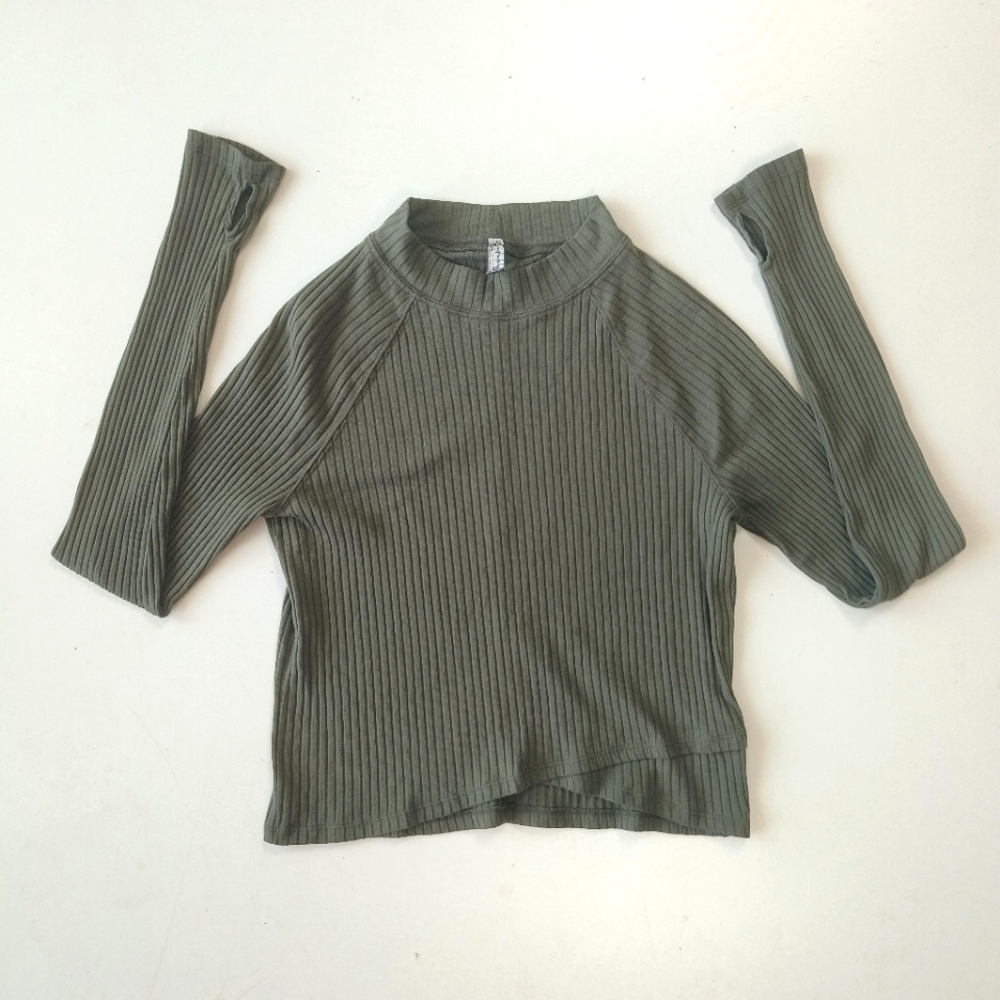 intimately free people Women's Long Sleeve Shirt Round‎ Neck Top - Olive Green M